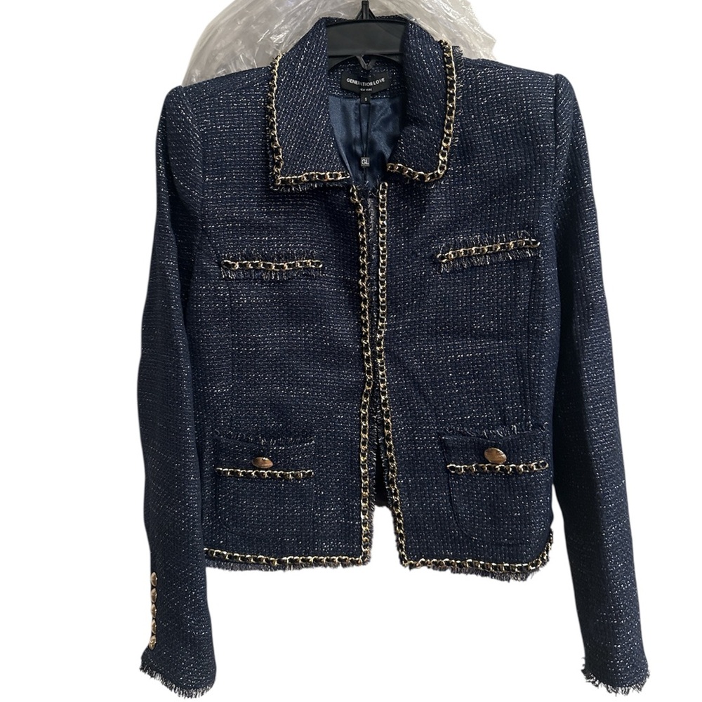 Generation Love Dark Blue/ Navy Suvi Tweed Jacket/Blazer with Gold Details